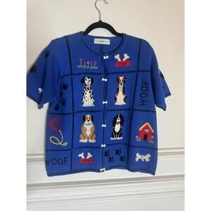 Blue Cardigan Sweater Knit Dogs 1990s 2000s Vintage Marisa Christina Paw Prints